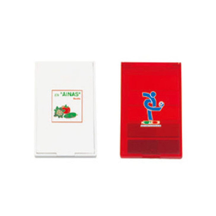 A white and a red memo holder, both featuring logos, designed for office use.