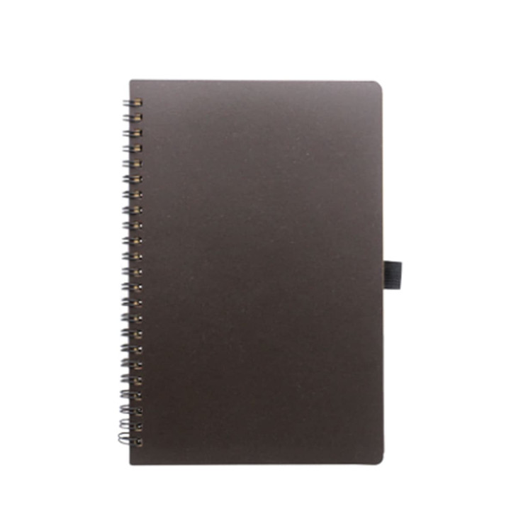 A5 recycled notebook in dark brown, featuring spiral binding and an elastic band closure. Includes branding.