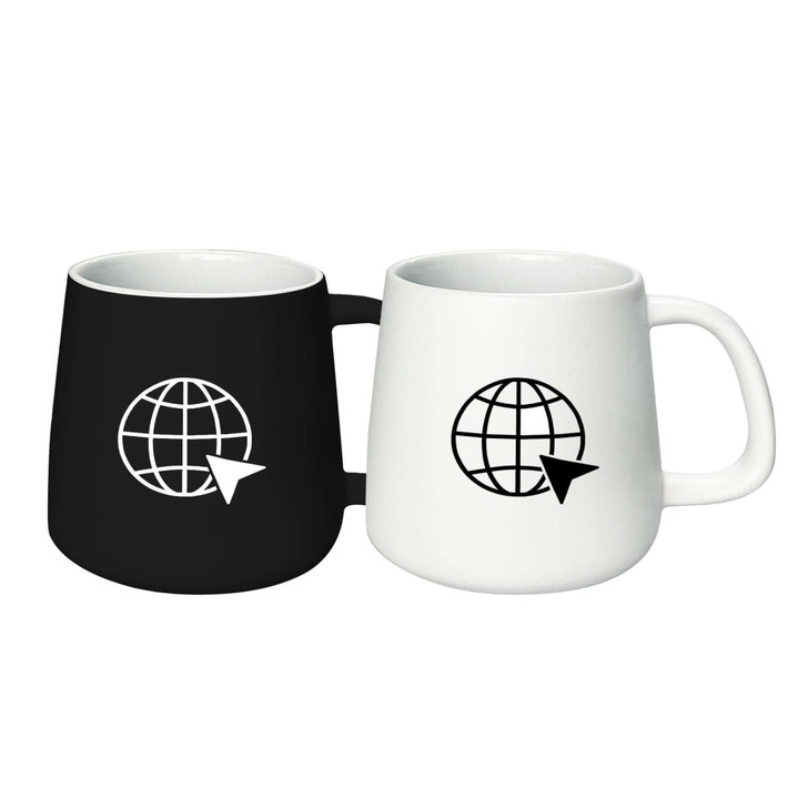 A set of two coffee mugs in black and white featuring a globe design and a visible logo.