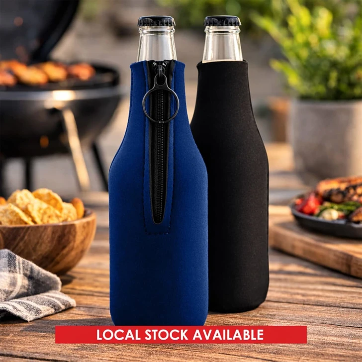 A drink bottle holder in navy blue and black neoprene with a zipper design, suitable for beverage bottles.