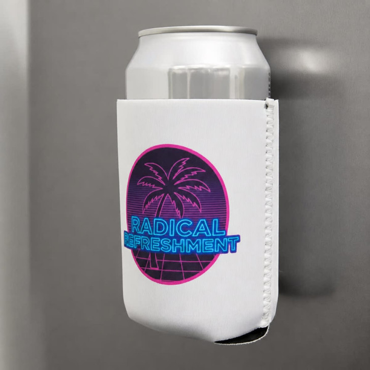 A drink bottle holder in white featuring a palm tree design, with a blue and pink logo, attached to a metallic surface.