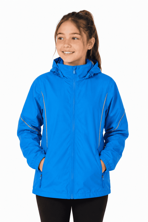 A bright blue children's jacket with a hood and zip pockets, featuring a logo on the front.