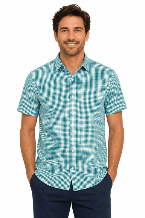 A short sleeve button-up shirt in a turquoise check pattern, featuring a logo and a relaxed fit.
