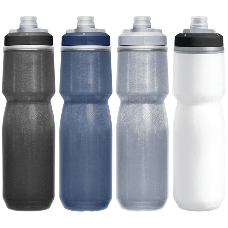 A drink bottle collection in black, dark blue, light blue, and white, featuring a brand logo.