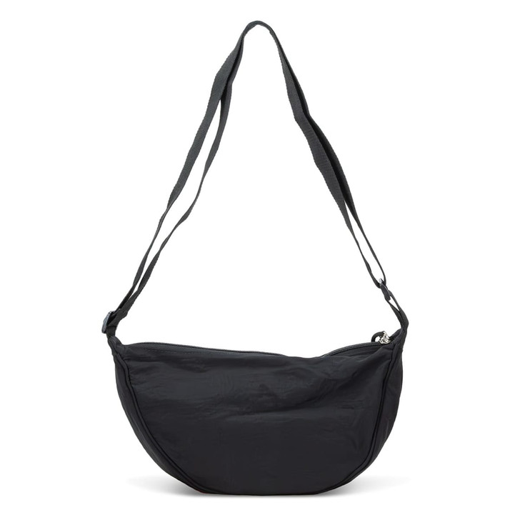 A black shoulder bag with a curved shape and two adjustable straps, featuring a logo on the front.