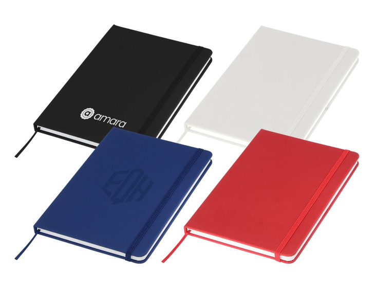 An A5 notebook in black, white, red, and navy, featuring a logo on the cover. Includes a ribbon bookmark.