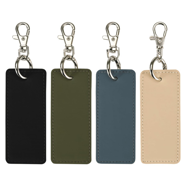 Four rectangular keychains in black, olive green, blue, and beige with metal clips and branding.
