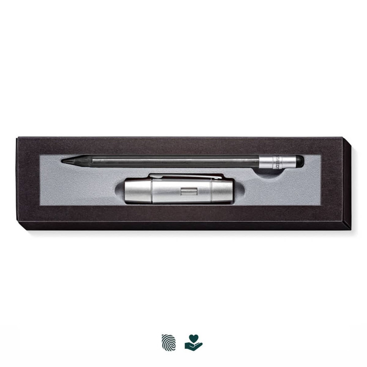 A pencil set featuring two items in a sleek black box, with a silver design. Includes a pen and a stylus.
