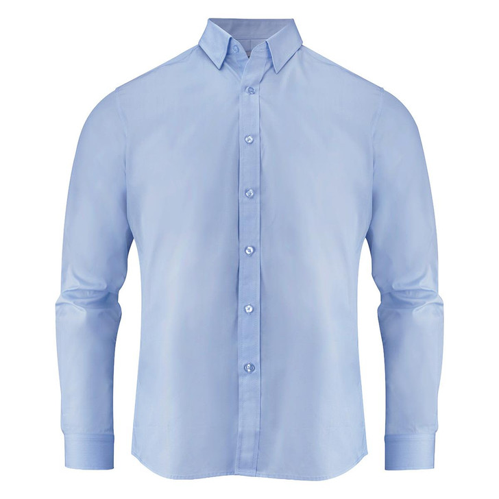 A light blue men's shirt with long sleeves and a button-down front. It features a collar and has a logo on the chest.