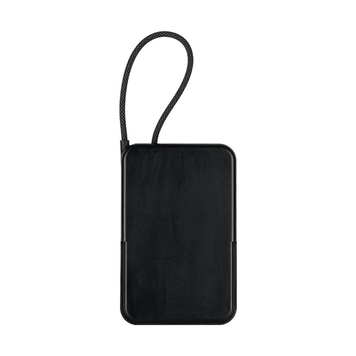 A black power bank with a strap, featuring a sleek rectangular design and a smooth surface.