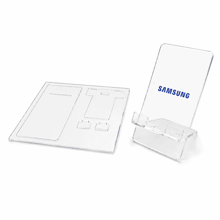 A clear acrylic phone stand kit with a rectangular base and an upright holder. Includes a branding logo.