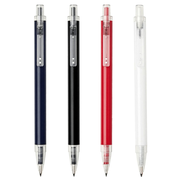 A set of four ballpoint pens in navy, black, red, and white, featuring clear barrels and branding.