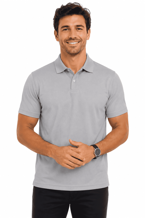 A grey men's polo shirt with a collar, featuring a logo and worn by a smiling model.