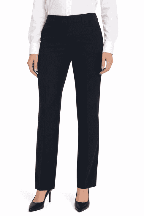 A pair of classic lady pants in black, featuring a sleek, tailored design and straight leg cut.