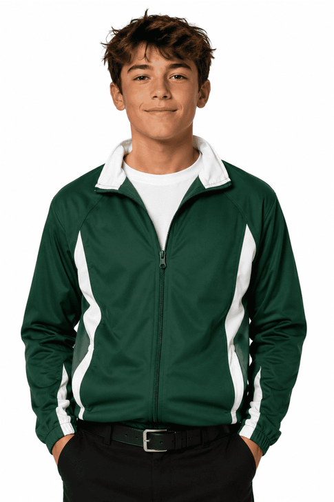 A green tracktop with white accents, featuring a zip front and collar. The model is wearing black trousers.