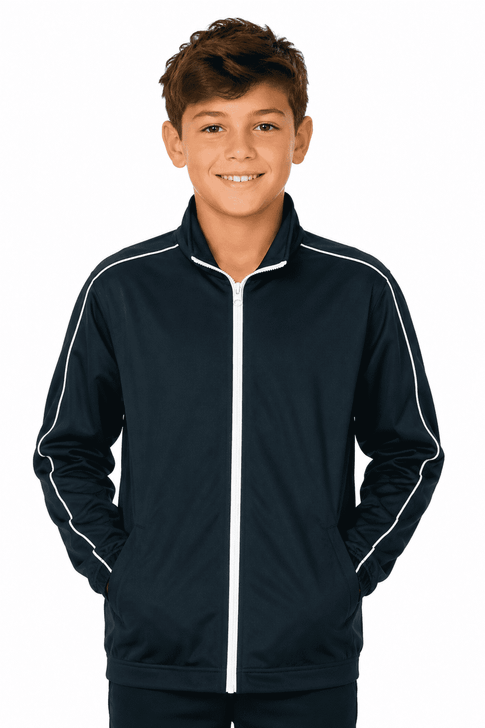 A navy blue kids' jacket with white piping, featuring a zip front and side pockets.