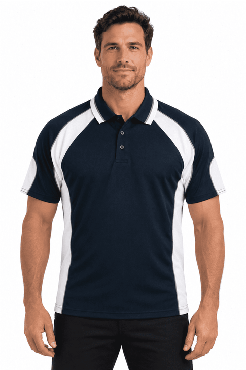 A navy blue polo shirt with white accents and a branding logo, featuring a classic collar and short sleeves.