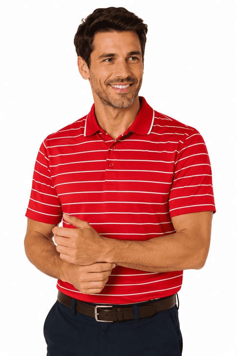 A red and white striped polo shirt worn by a smiling man, with a collar and short sleeves.