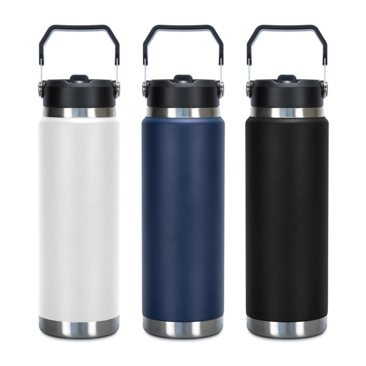 A drink bottle collection featuring a white, navy blue, and black vacuum bottle, each with a handle and a logo.