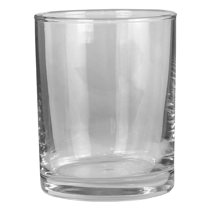 A clear glass rocks glass with a smooth design and a thick base, featuring a subtle logo.