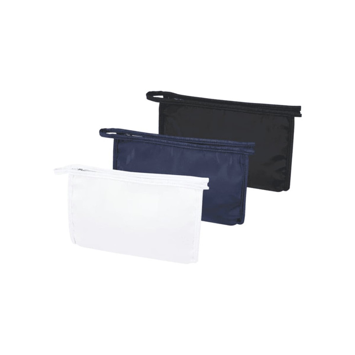 Three toiletry pouches in white, navy blue, and black, each with a zip closure and a handle.