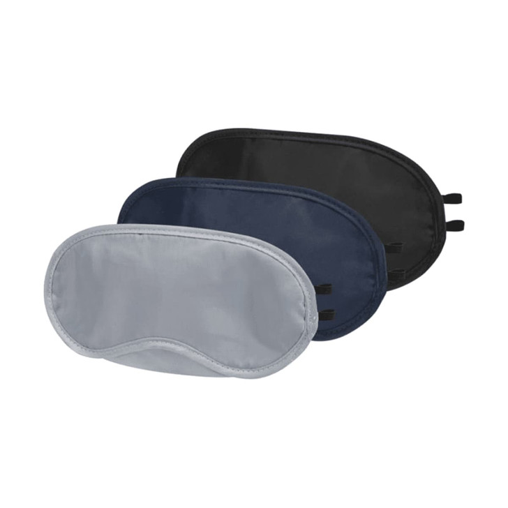 Three eye masks in grey, navy, and black, featuring a simple design and elastic straps for a secure fit.