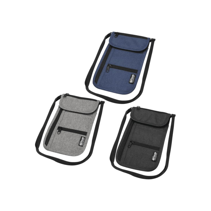 Three recycled smart travel pouches in navy, grey, and black, featuring zippers and adjustable straps.