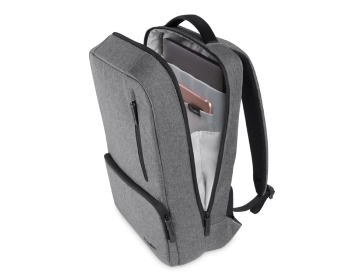 A grey backpack with a sleek design, featuring multiple compartments and a logo. Interior pockets hold devices.