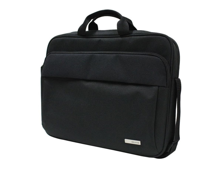 A black laptop bag with dual handles and a shoulder strap, featuring a front pocket and branding.