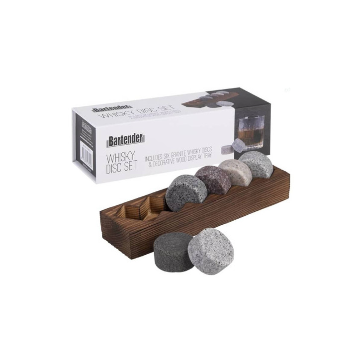 A set of six granite whisky discs in grey and black, arranged in a decorative wood base, with product packaging visible.