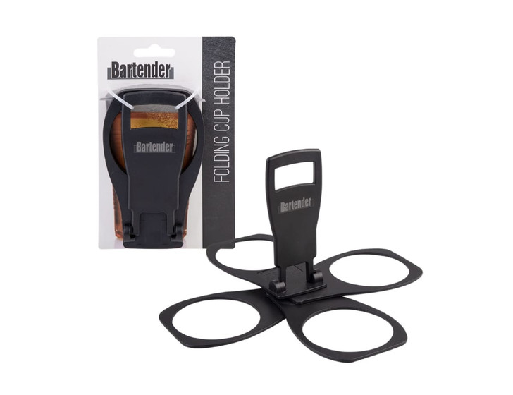 A black folding cup holder with four cup slots, displayed with packaging that includes a logo.