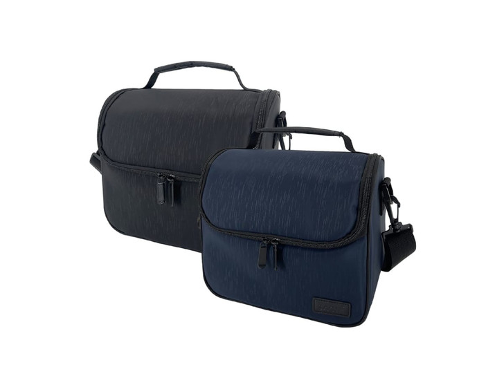 Two insulated lunch bags in black and navy blue, featuring zippered compartments and a handle for easy carrying.