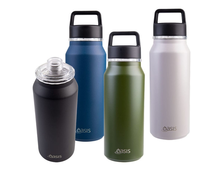 A drink bottle collection featuring a black, blue, olive green, and white insulated design, each with a chug spout.