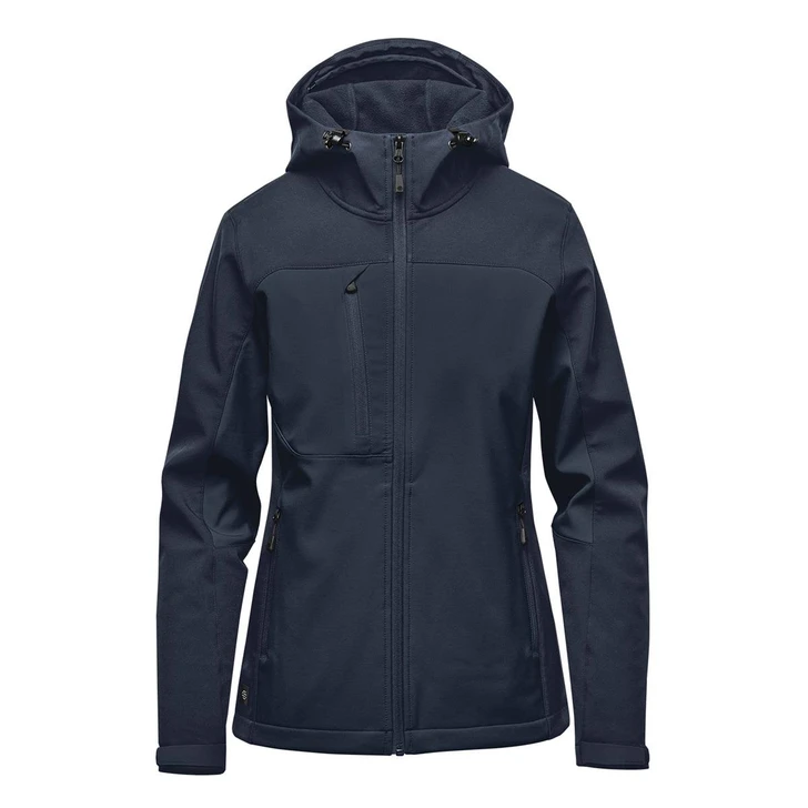 A women's navy softshell jacket with a hood, featuring zippered pockets and a logo.