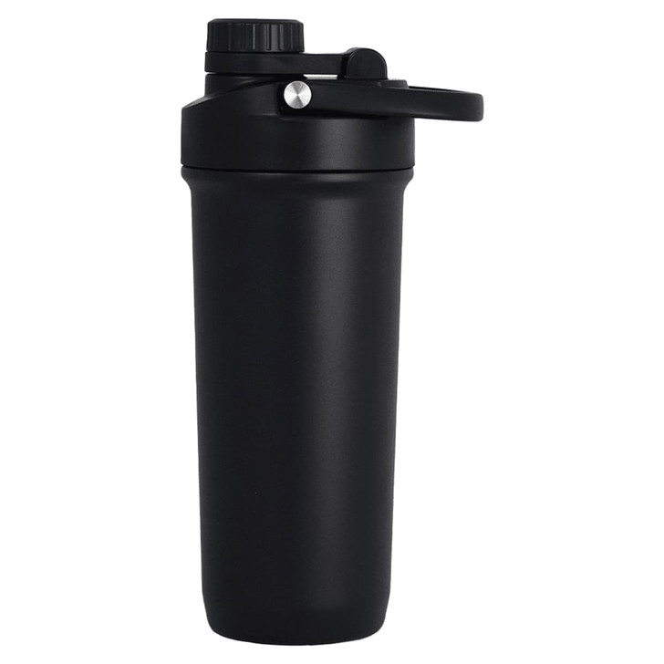 A drink bottle in matte black with a secure lid and a built-in shaker mechanism, featuring a logo.