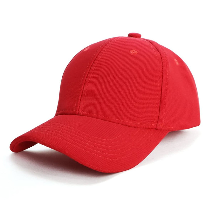 A red cap with a rounded crown and a curved brim, featuring a logo on the front.