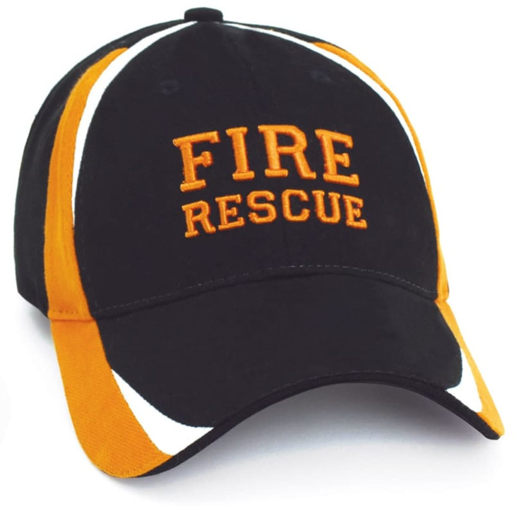 A black and orange cap featuring an embroidered logo and contrasting white stripes.