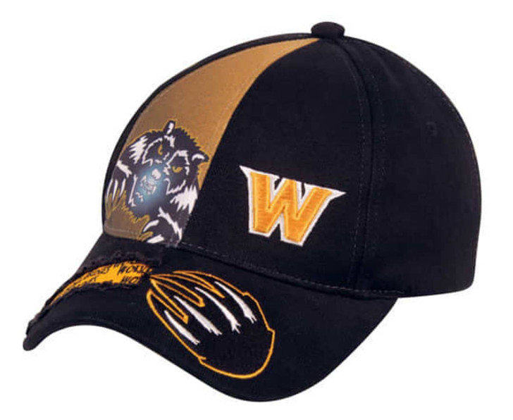 A black and gold cap featuring animal imagery and a logo. The cap has a structured design and curved brim.