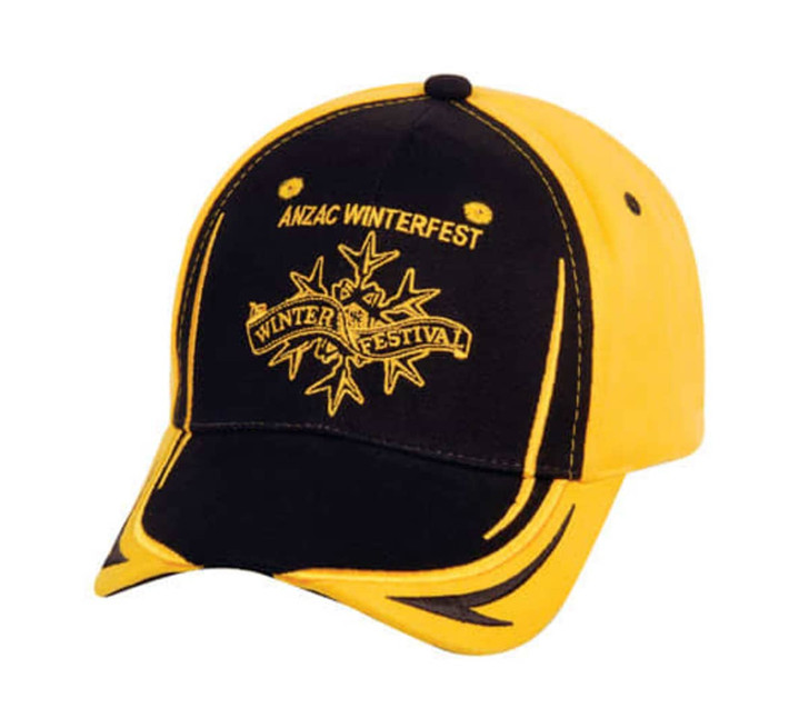 A black and yellow cap featuring a logo, with embroidery related to a winter festival.