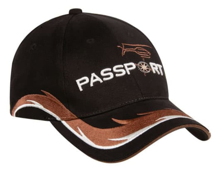 A black cap with a gold and white patterned design, featuring a logo on the front.