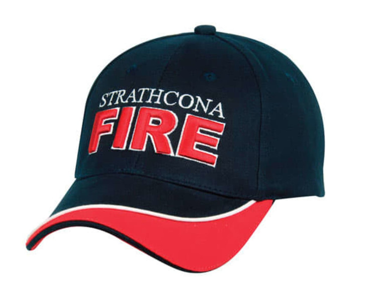 A navy cap with a red peak and white detailing, featuring a logo and text.
