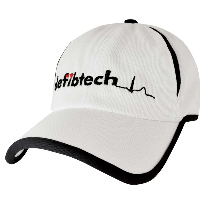 A white cap with black accents and a logo on the front. Features a breathable mesh design.