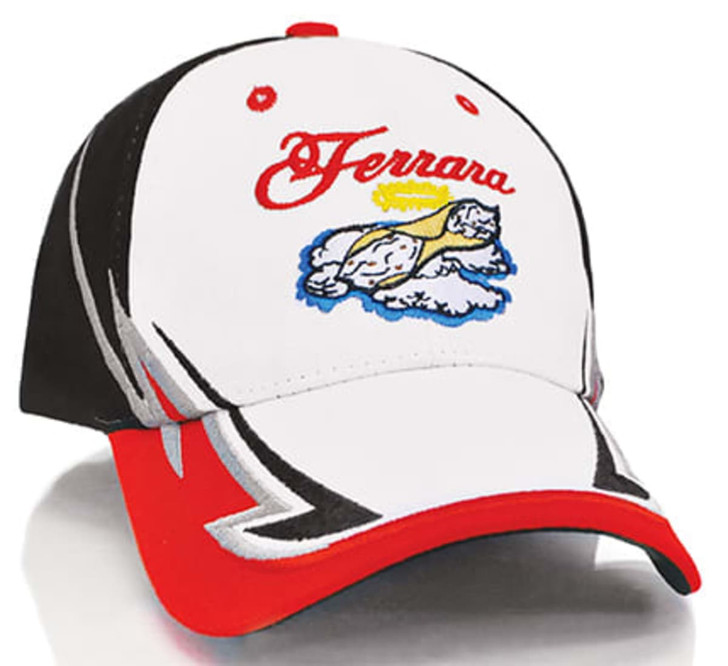A cap featuring a white base, black panels, and a red brim, with an embroidered logo on the front.