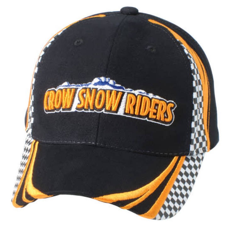 A black cap with orange accents and a checkerboard pattern, featuring a logo on the front.