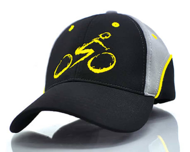 A black and grey cap featuring a yellow logo of a cyclist. The cap includes a logo on the front.