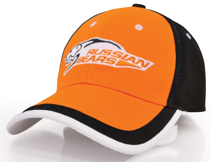 An orange and black cap featuring an embroidered logo. It has a curved brim and contrasting stitching.