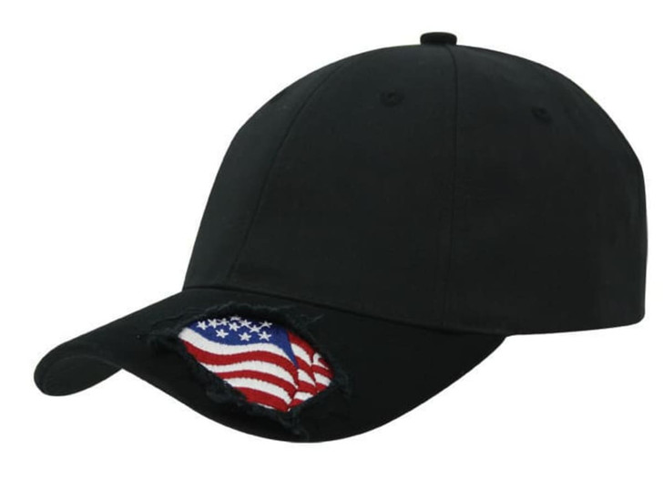 A black cap featuring a distressed design with an American flag on the underside of the brim and a logo.