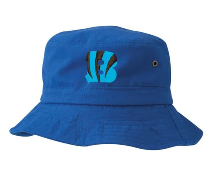 A blue bucket hat featuring an emblem and a wide brim. It has a logo on the front.