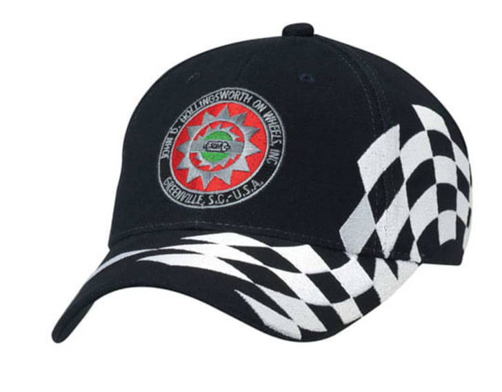 A black cap featuring a checkerboard pattern on one side and an embroidered logo on the front.