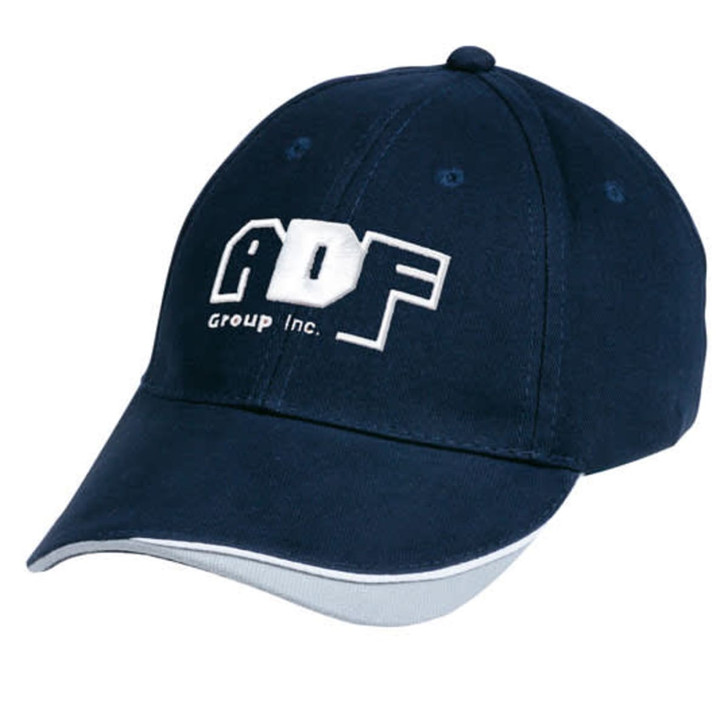 A navy cap with a white logo, featuring a curved peak and contrast stitching.